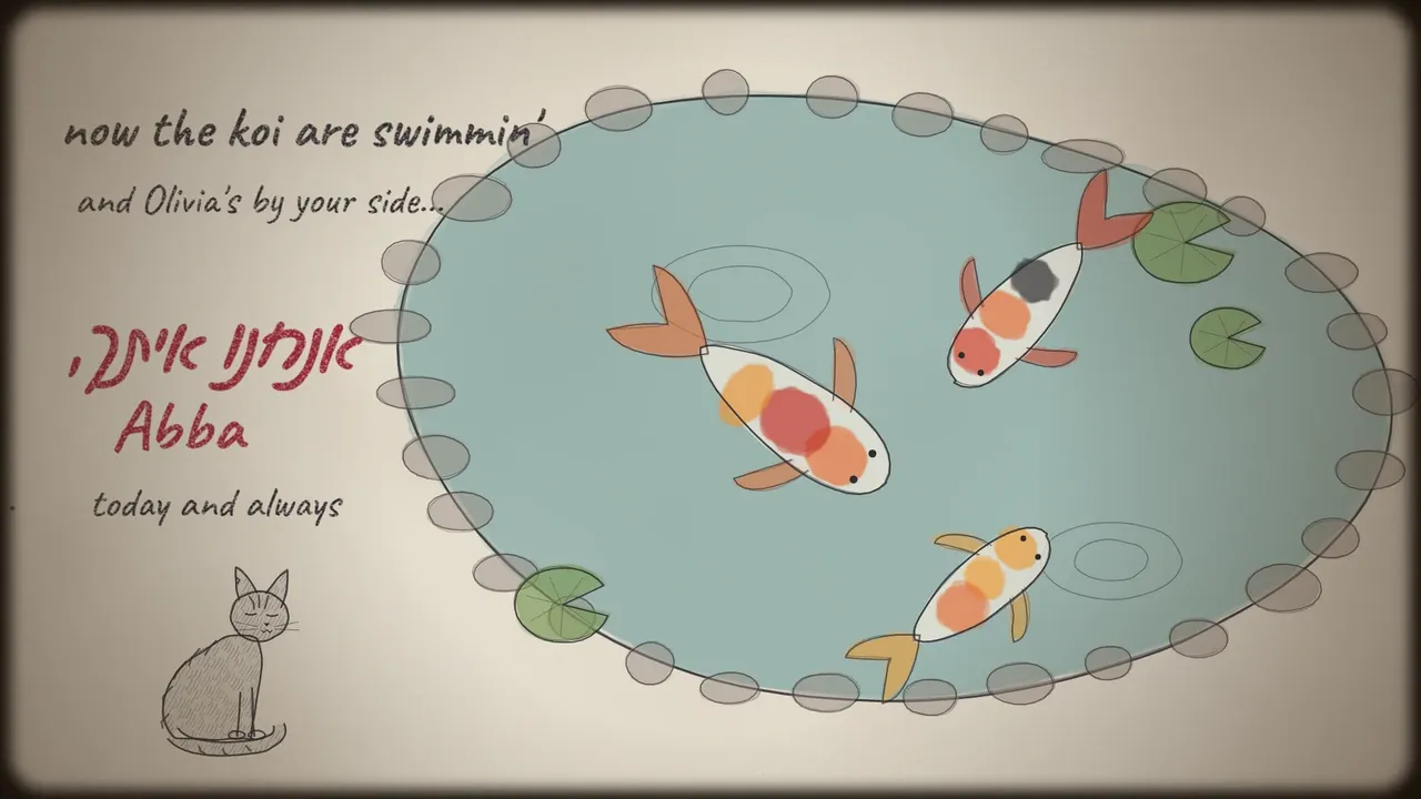Look board: orange koi in a blue pond beside a grey pencil cat, drawn before the film to decide where colour arrives